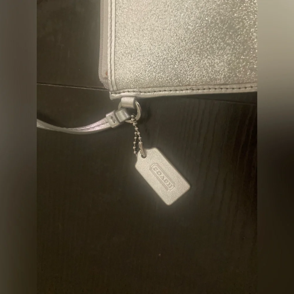 Coach Vintage glittery silver skinny zip wristlet wallet. Good used condition